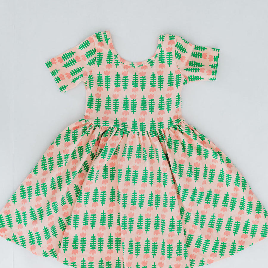 Short Sleeve Twirl Dress (Pink Tulips)