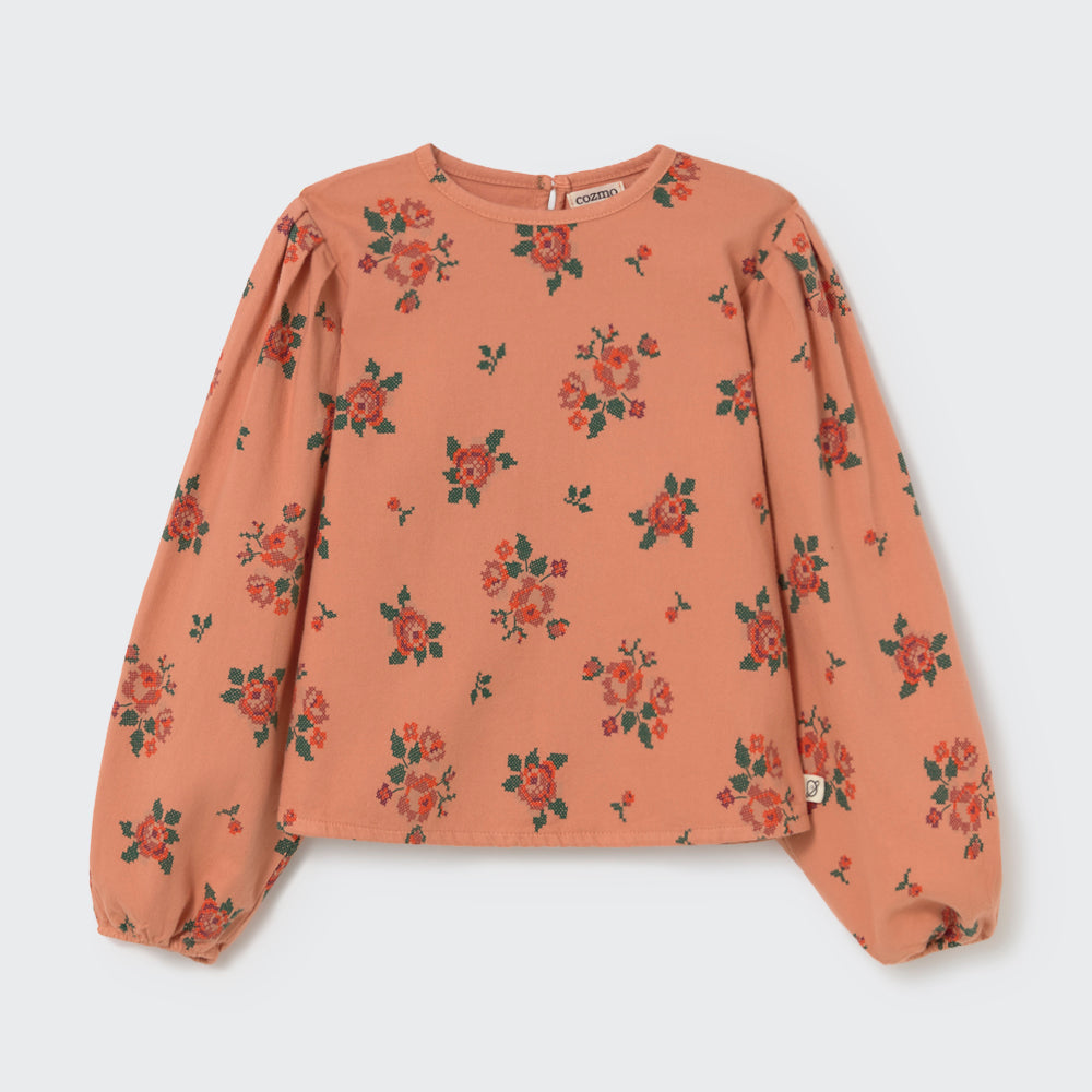 Cross Stitch Floral Flannel Blouse (Pink Sienna)