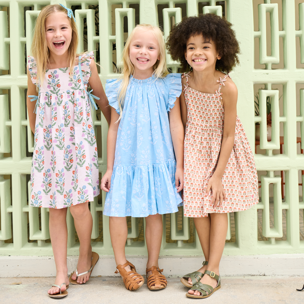 Girls Tia Dress (Pink Prairie Block Print)