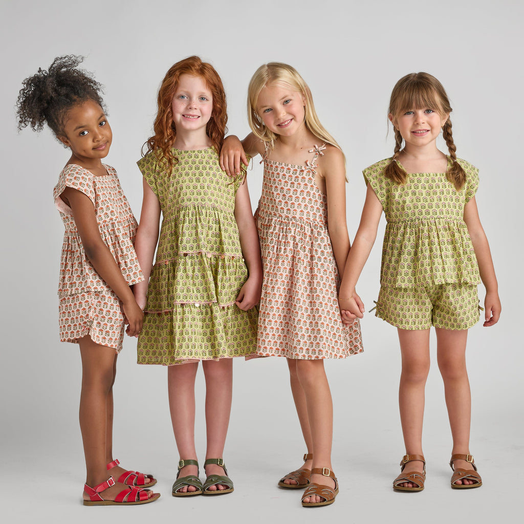 Girls Tia Dress (Pink Prairie Block Print)