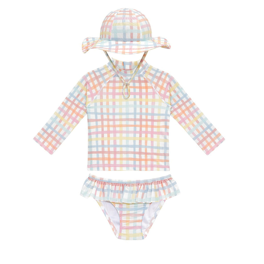 3-Piece Girls Swim Set (Rainbow Gingham)