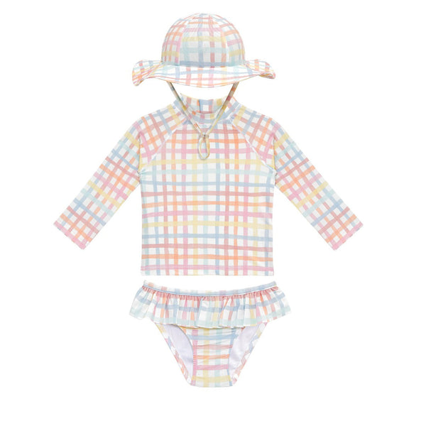 3-Piece Girls Swim Set (Rainbow Gingham)