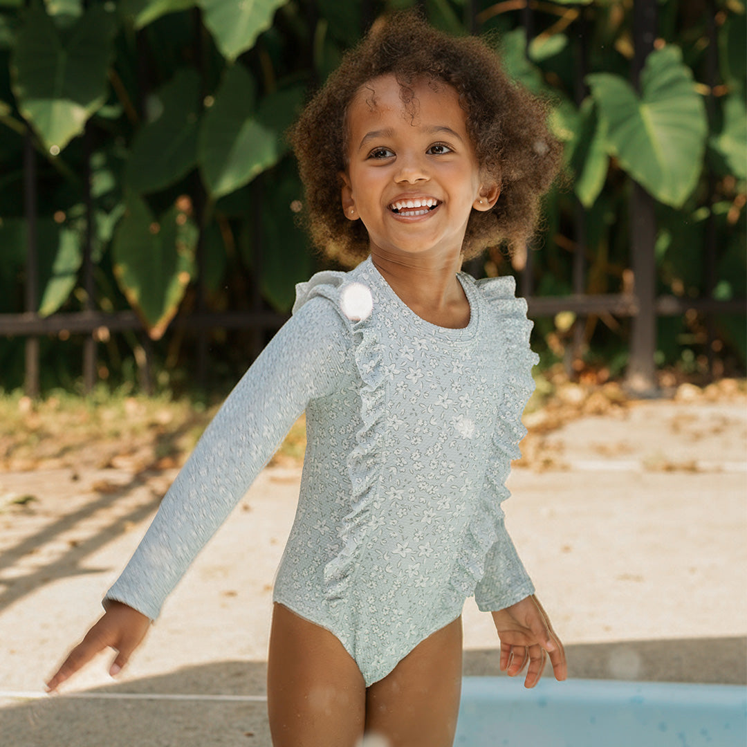 Vintage Flowers Long-Sleeve Baby Swimsuit (Light Blue)