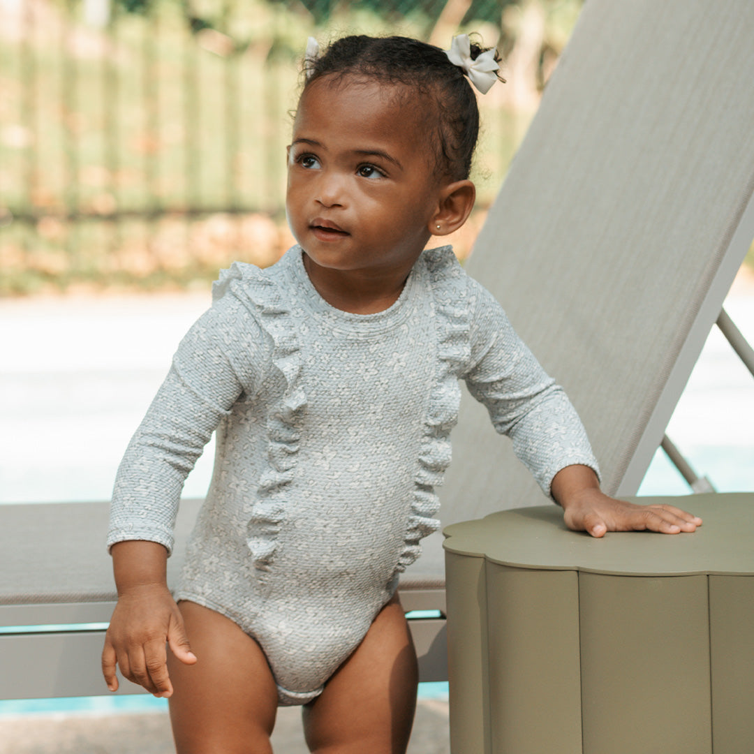 Vintage Flowers Long-Sleeve Baby Swimsuit (Light Blue)