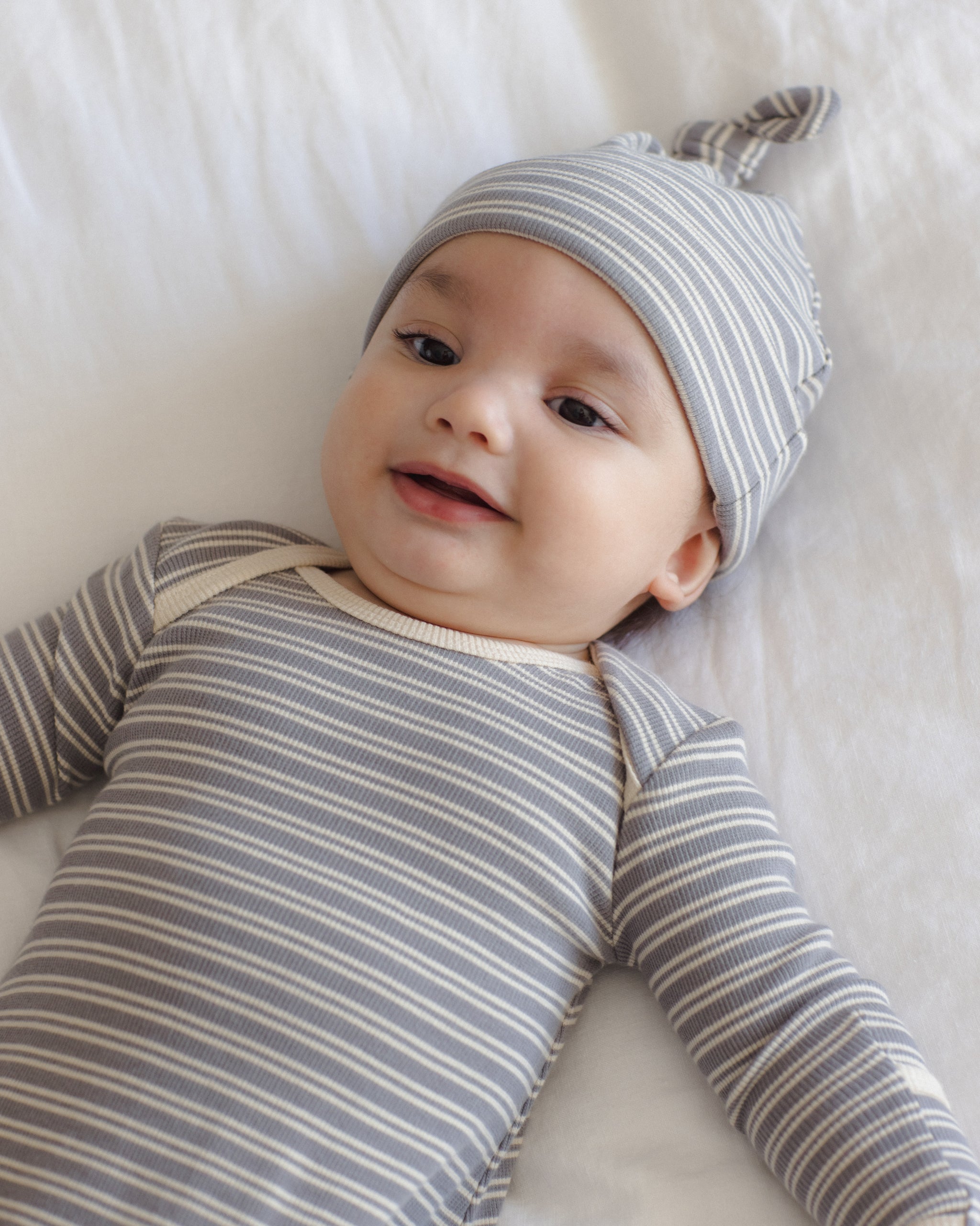 Knotted Baby Gown + Hat Set (Slate Microstripe)