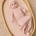 Knotted Baby Gown + Hat Set (Dusty Rose Microstripe)