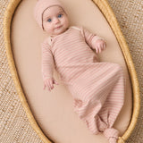 Knotted Baby Gown + Hat Set (Dusty Rose Microstripe)
