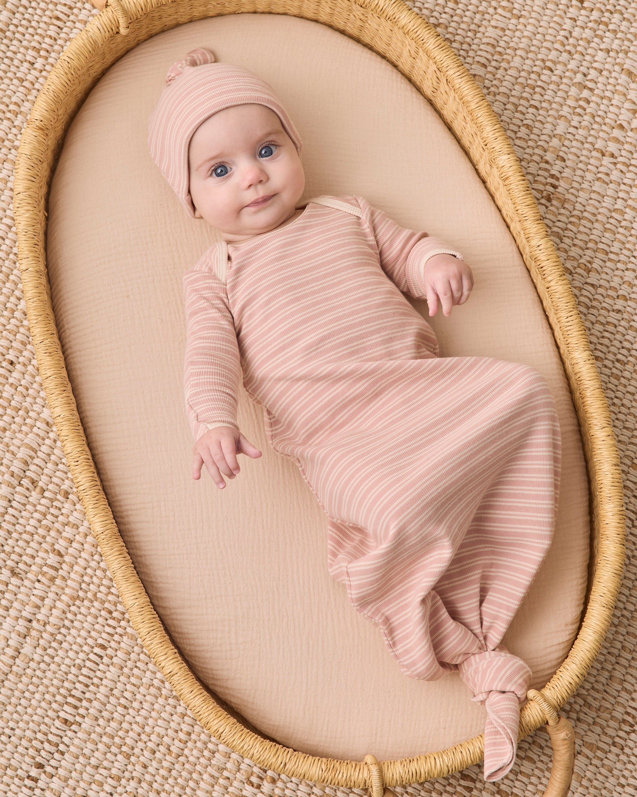 Knotted Baby Gown + Hat Set (Dusty Rose Microstripe)