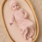 Knotted Baby Gown + Hat Set (Dusty Rose Microstripe)