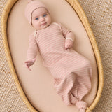 Knotted Baby Gown + Hat Set (Dusty Rose Microstripe)