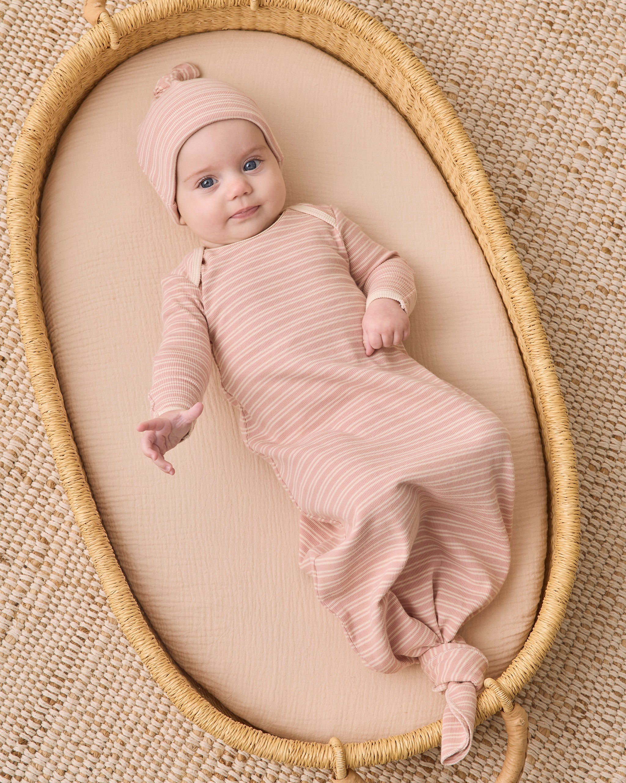 Knotted Baby Gown + Hat Set (Dusty Rose Microstripe)