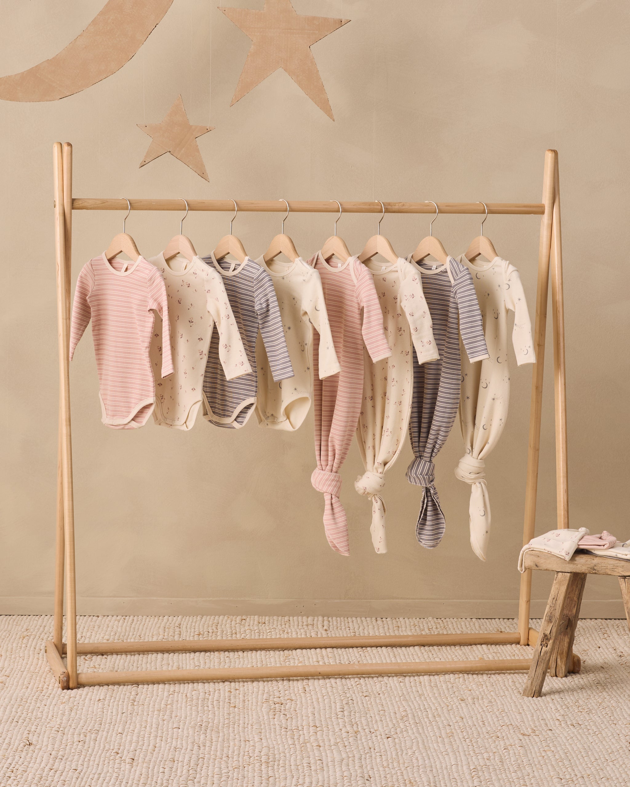 Knotted Baby Gown + Hat Set (Slate Microstripe)
