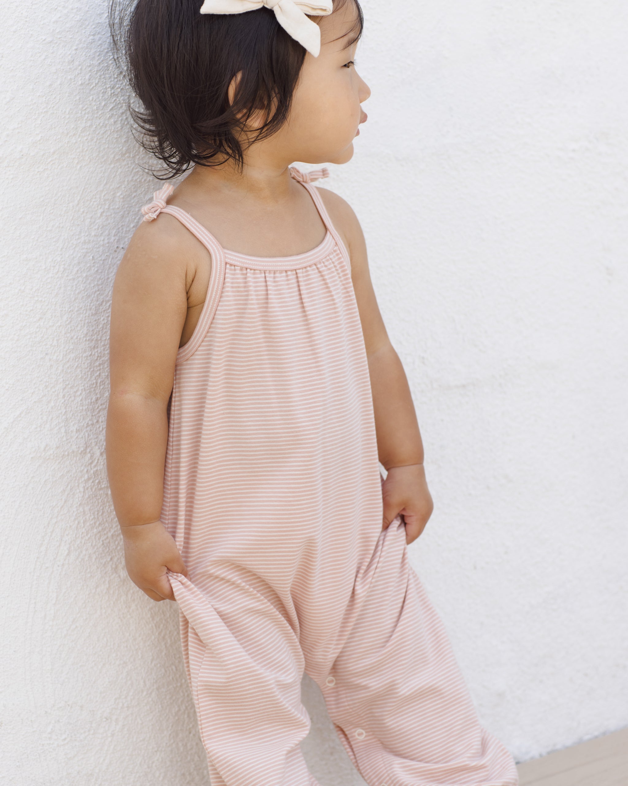 Smocked Jumpsuit (Melon Micro Stripe)