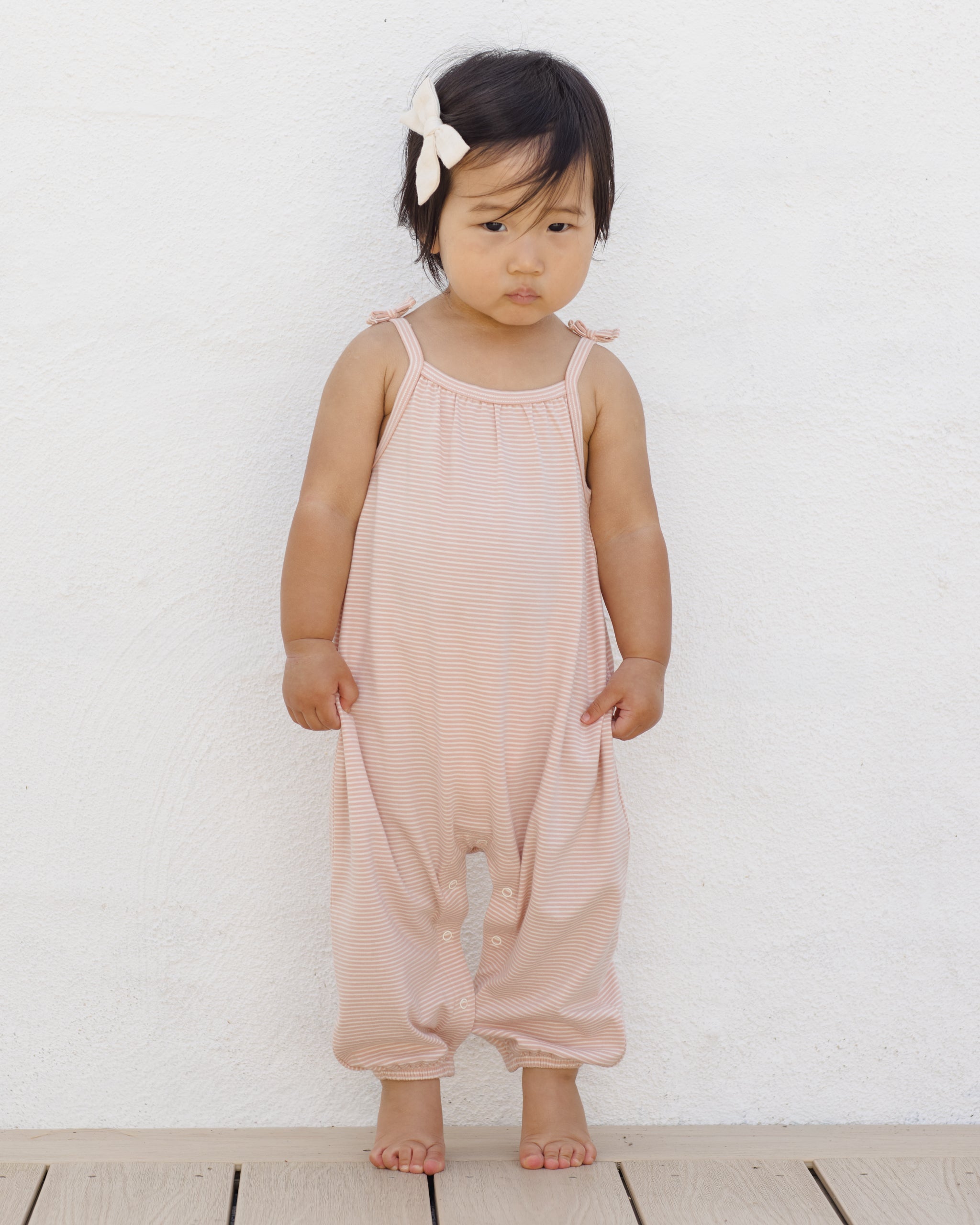 Smocked Jumpsuit (Melon Micro Stripe)