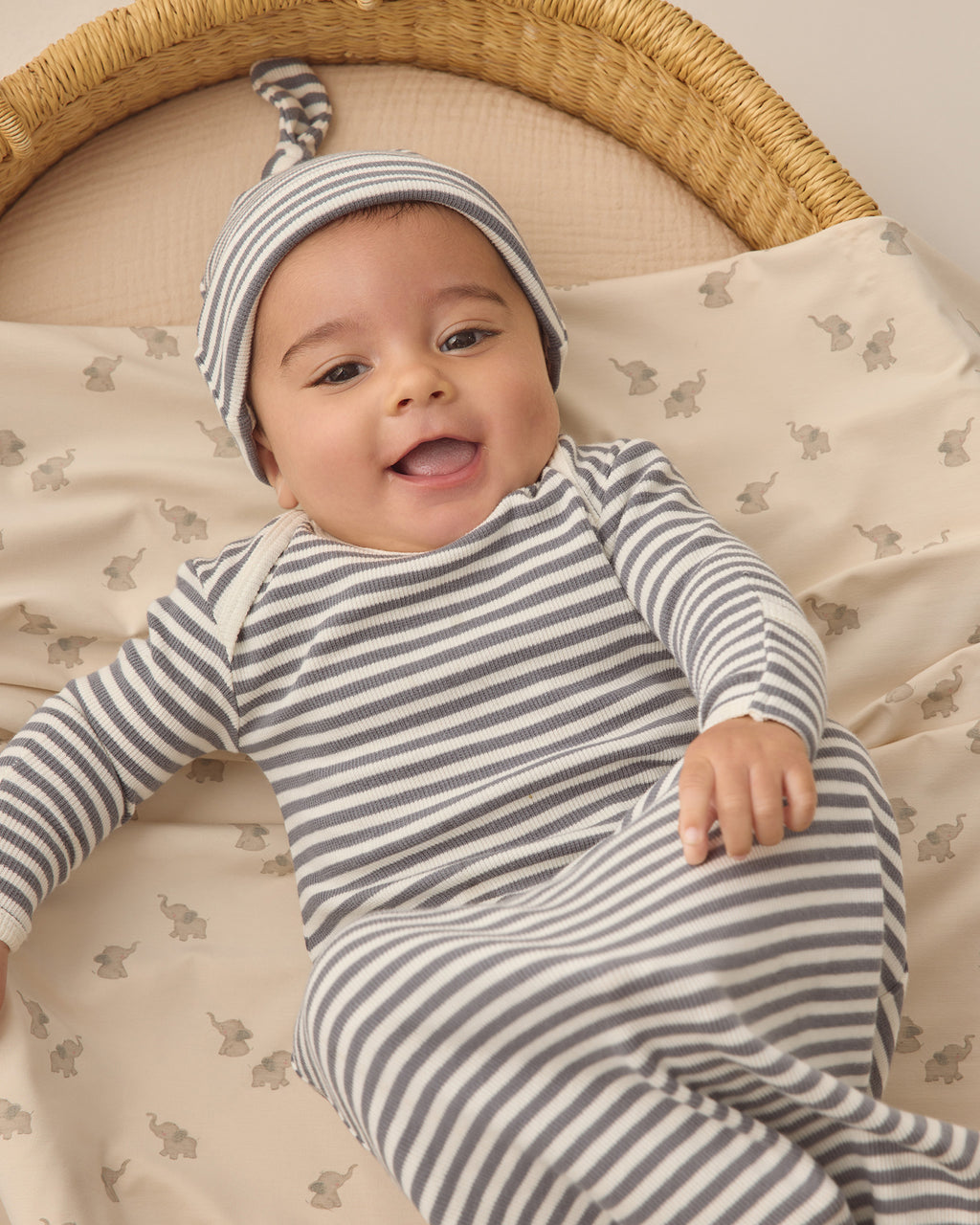Knotted Baby Gown + Hat Set (Ocean Stripe)