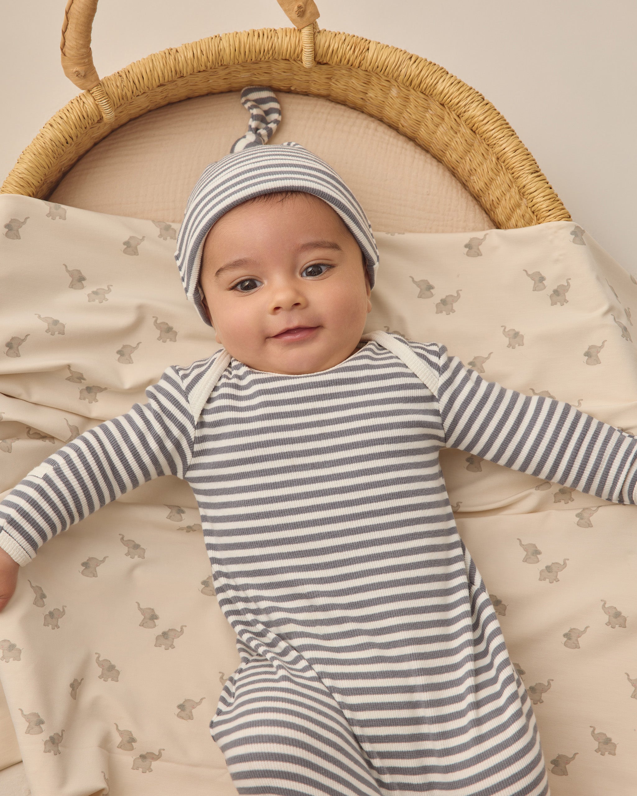 Knotted Baby Gown + Hat Set (Ocean Stripe)