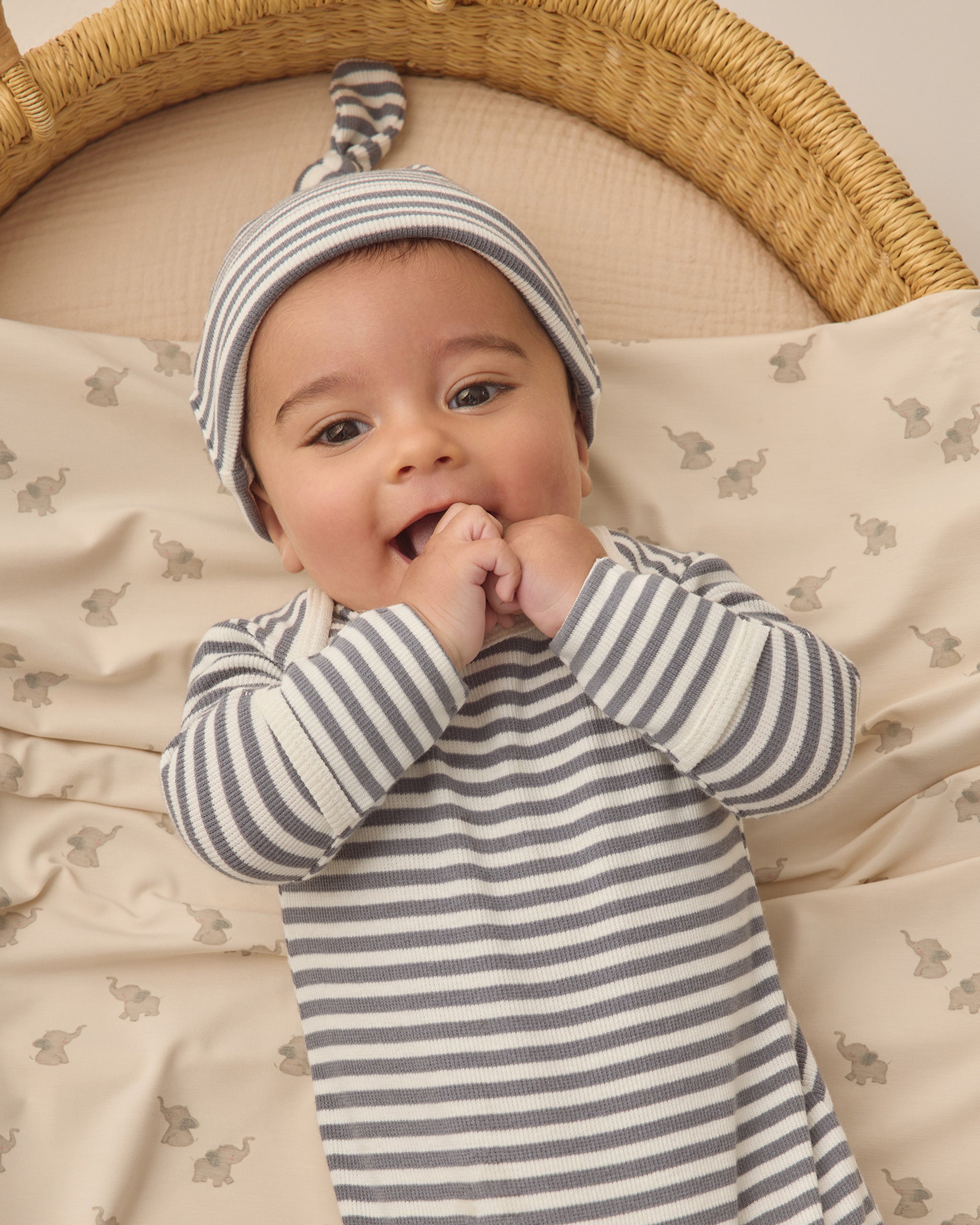 Knotted Baby Gown + Hat Set (Ocean Stripe)
