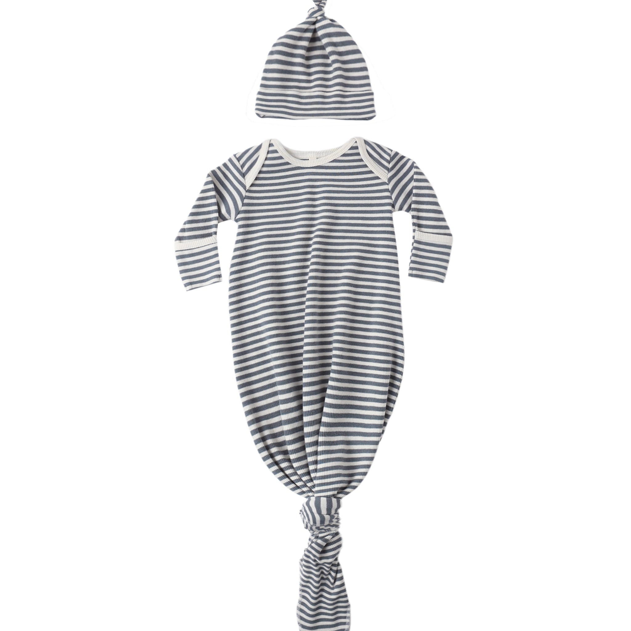 Knotted Baby Gown + Hat Set (Ocean Stripe)