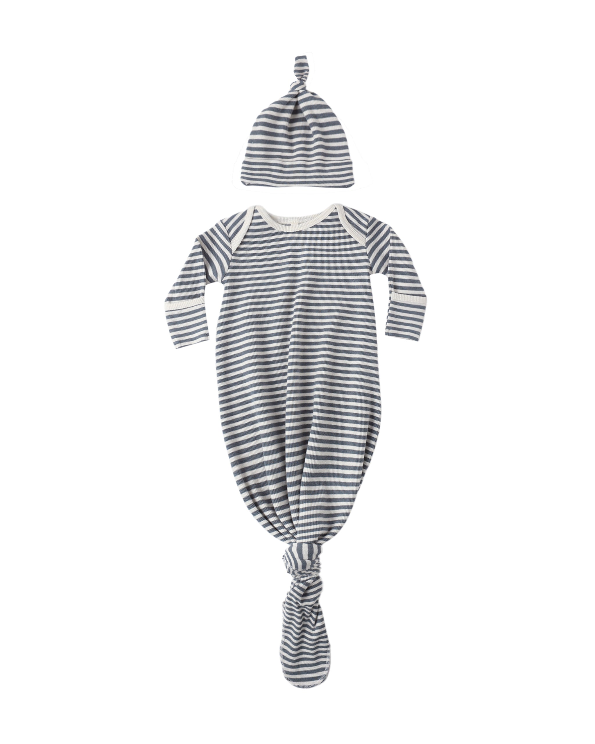 Knotted Baby Gown + Hat Set (Ocean Stripe)