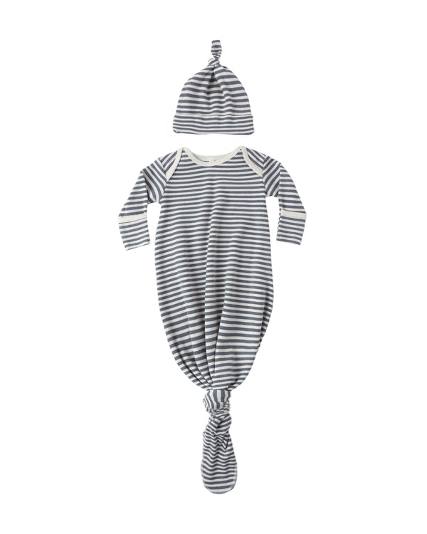 Knotted Baby Gown + Hat Set (Ocean Stripe)