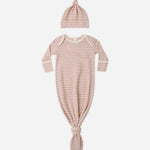 Knotted Baby Gown + Hat Set (Dusty Rose Microstripe)
