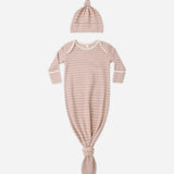 Knotted Baby Gown + Hat Set (Dusty Rose Microstripe)