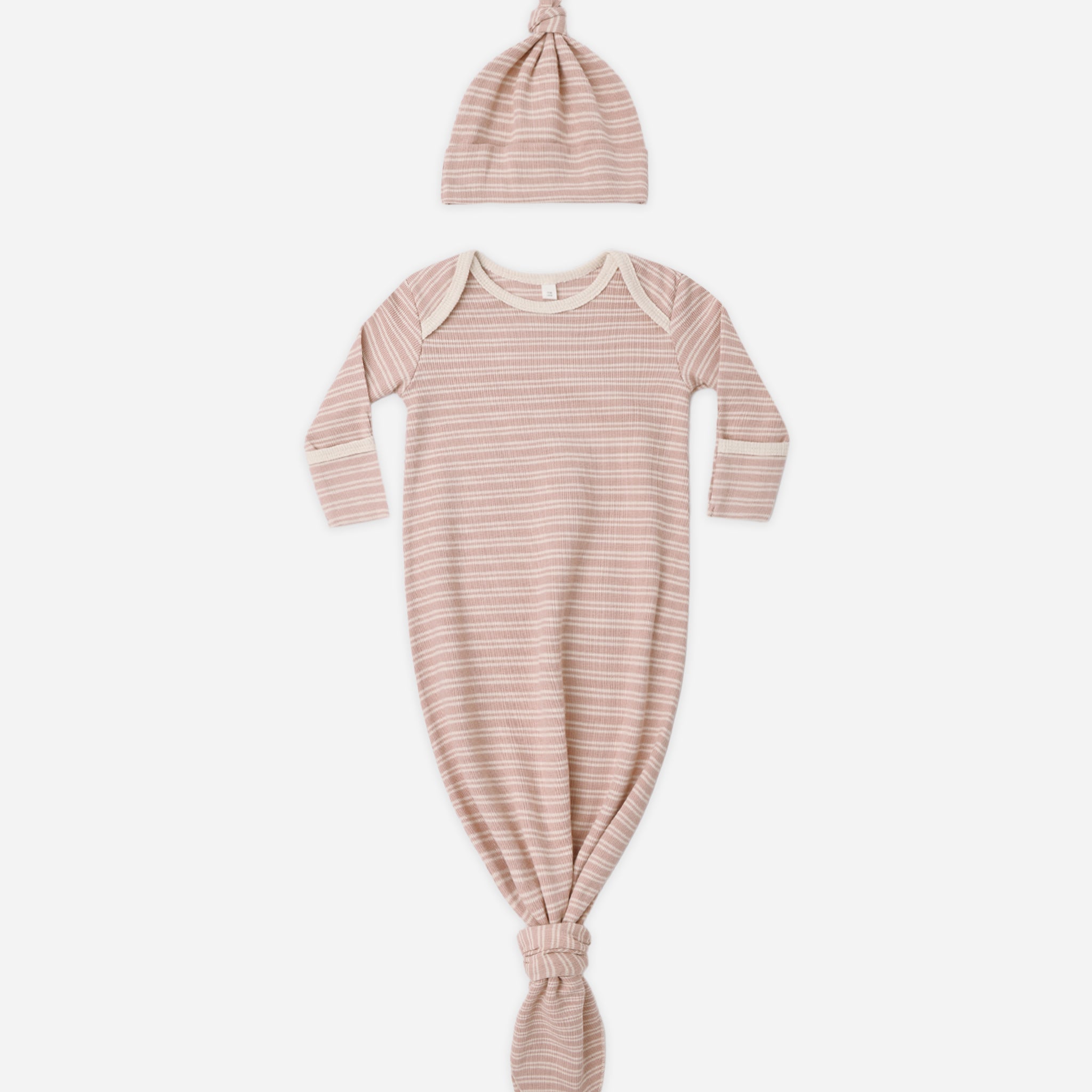 Knotted Baby Gown + Hat Set (Dusty Rose Microstripe)