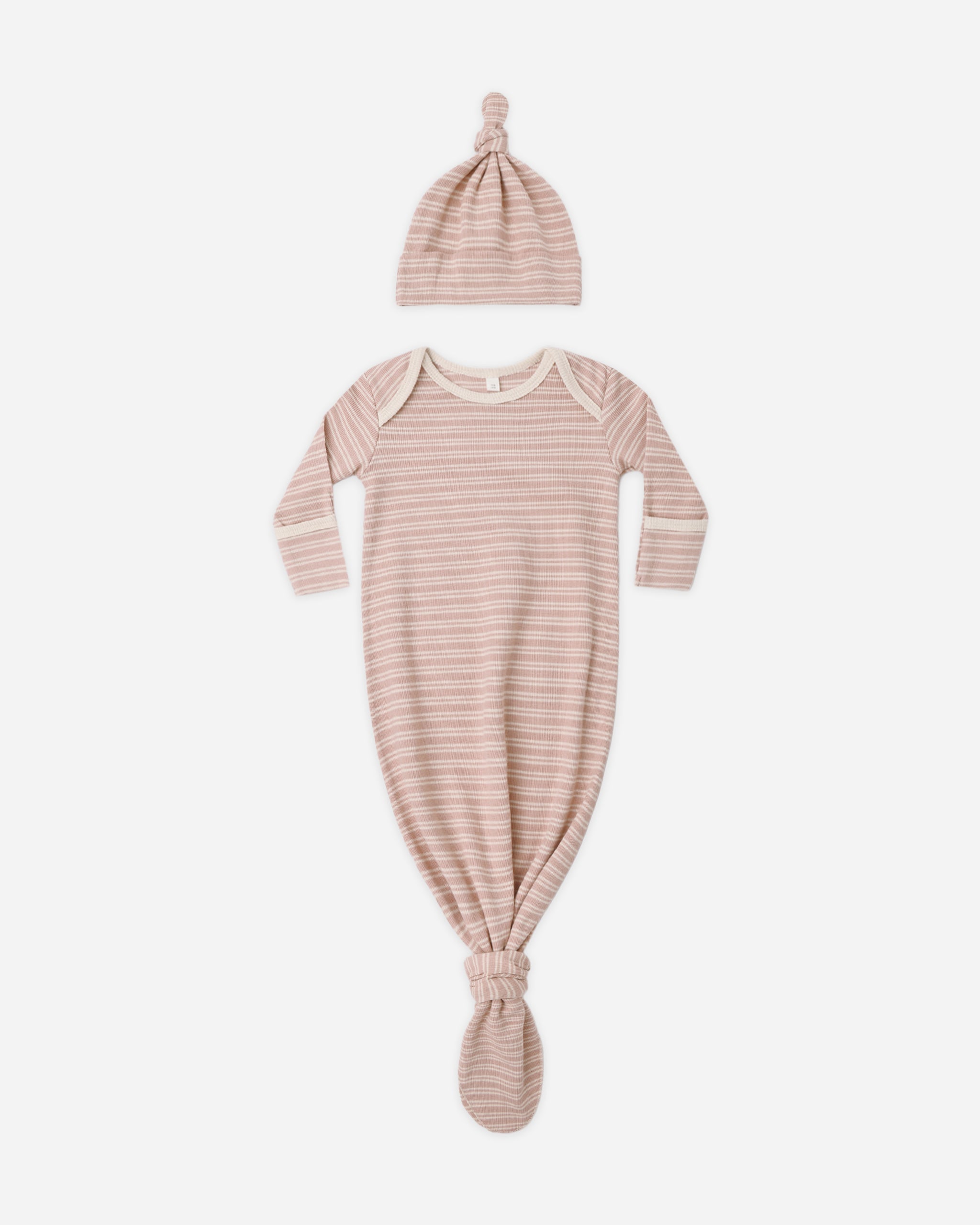 Knotted Baby Gown + Hat Set (Dusty Rose Microstripe)