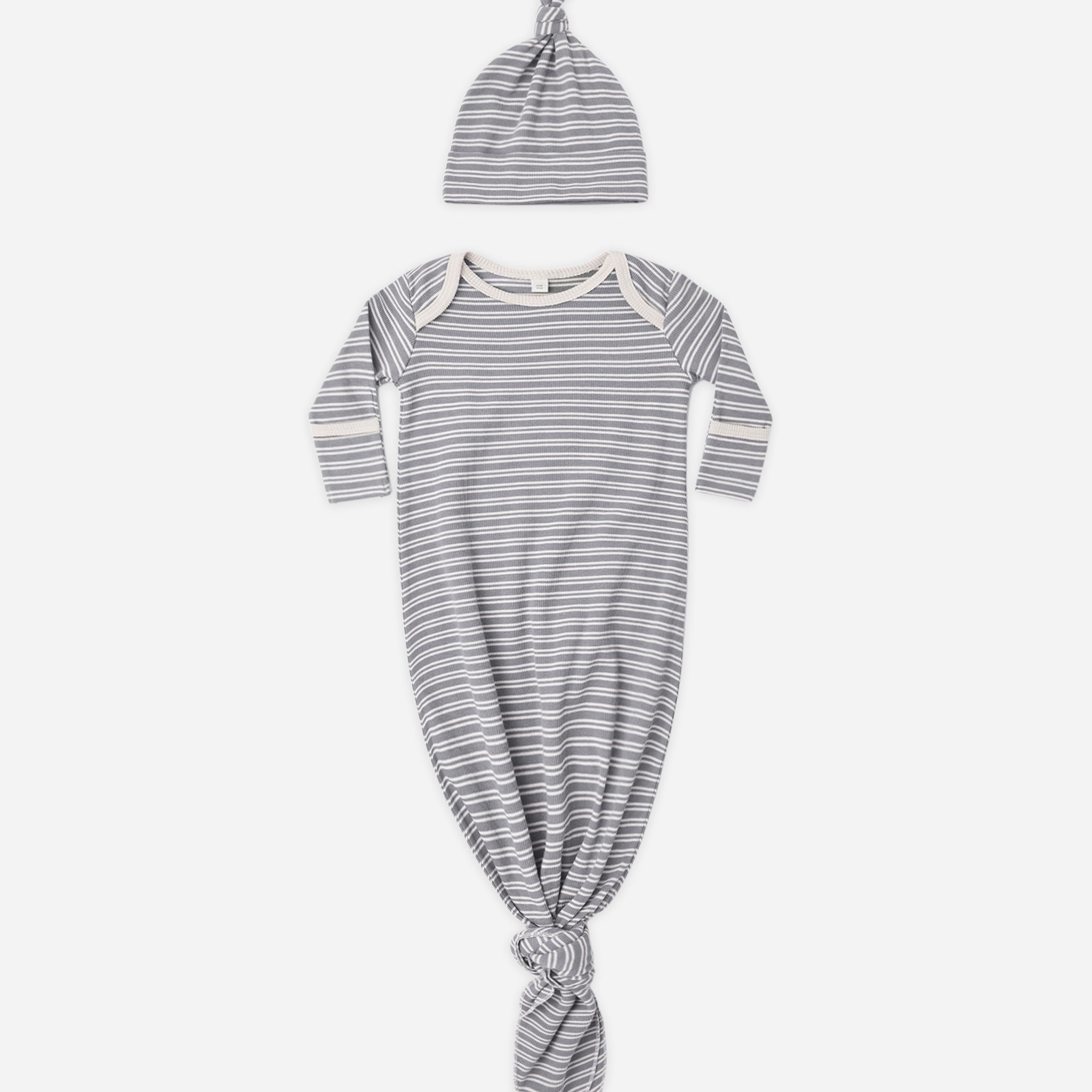 Knotted Baby Gown + Hat Set (Slate Microstripe)