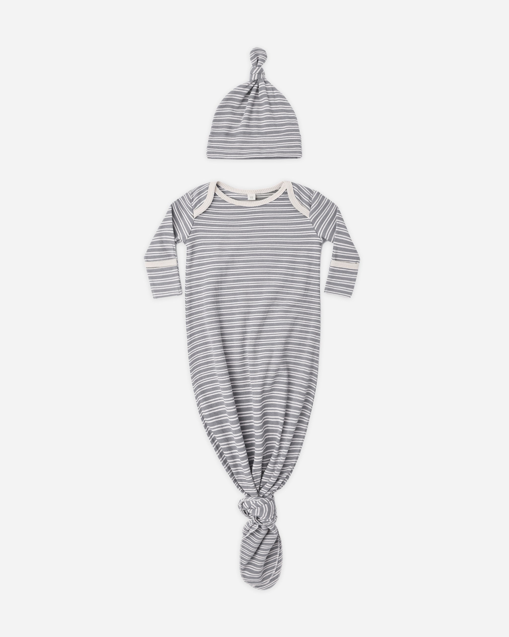 Knotted Baby Gown + Hat Set (Slate Microstripe)