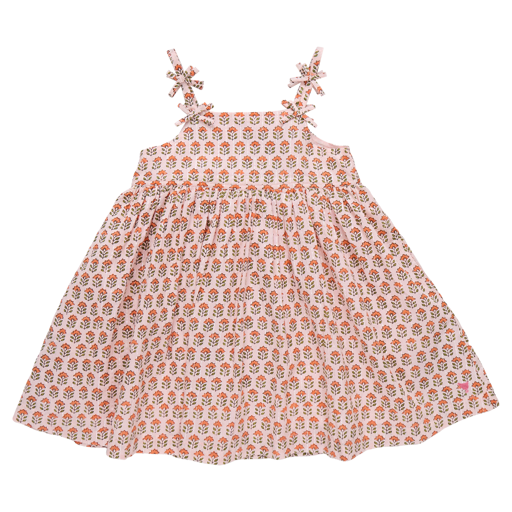 Girls Tia Dress (Pink Prairie Block Print)