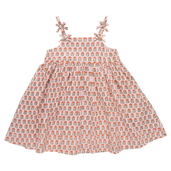 Girls Tia Dress (Pink Prairie Block Print)