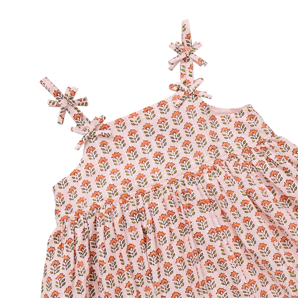 Girls Tia Dress (Pink Prairie Block Print)