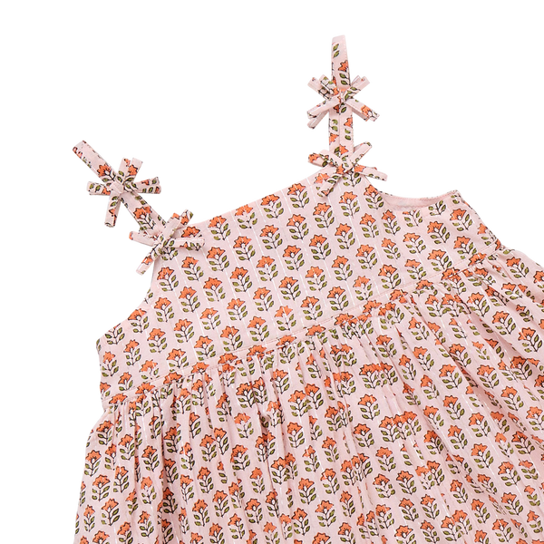 Girls Tia Dress (Pink Prairie Block Print)