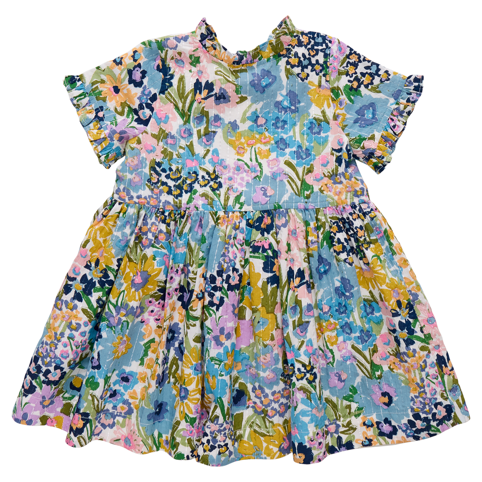 Girls Autumn Dress (Blue Large Sketched Floral)