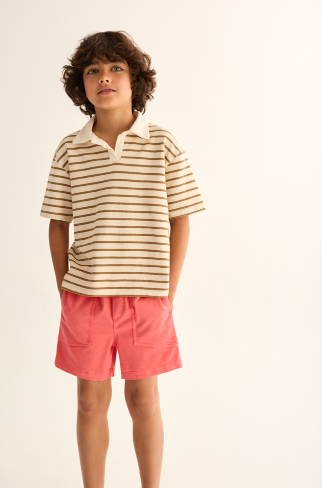 Double-Faced Striped Cotton Polo T-Shirt (Sand)
