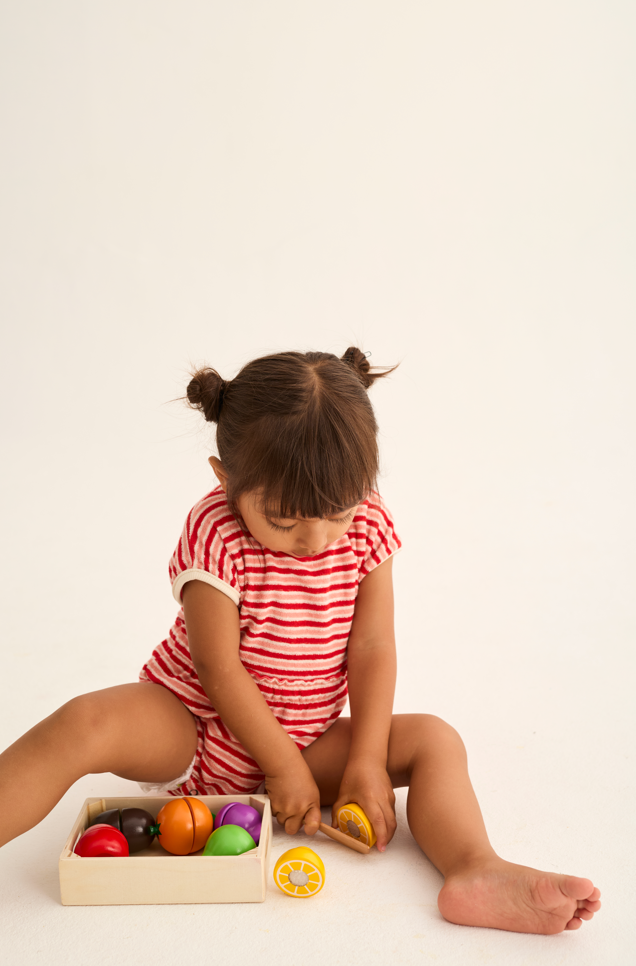 Striped Terry Cloth Romper (Pink Tomato)