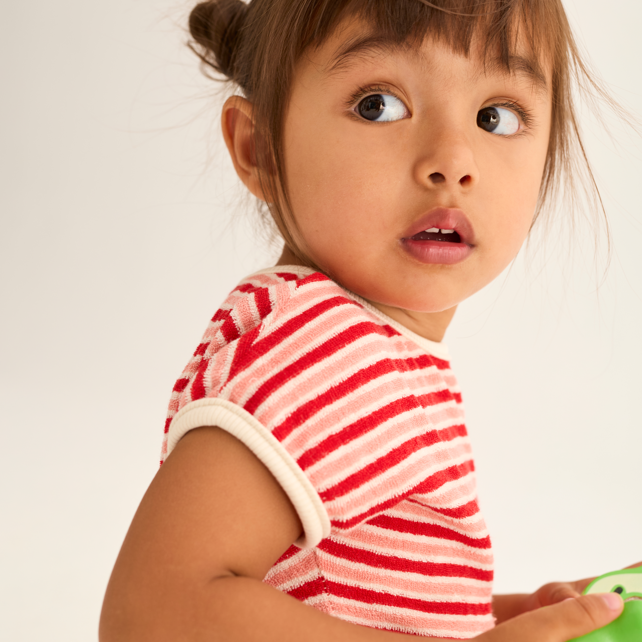 Striped Terry Cloth Romper (Pink Tomato)