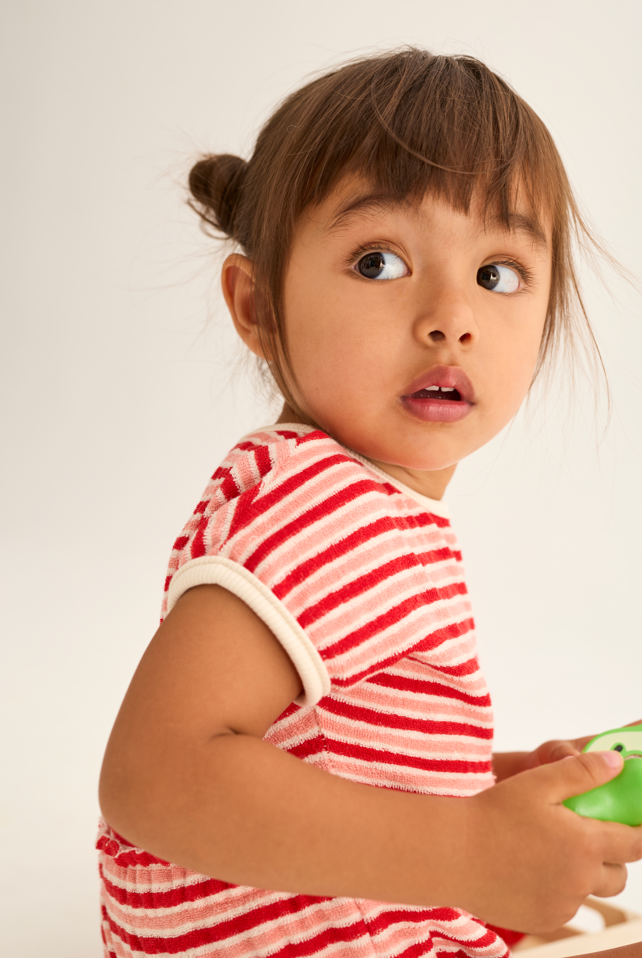 Striped Terry Cloth Romper (Pink Tomato)