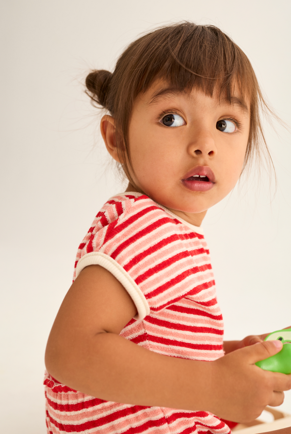 Striped Terry Cloth Romper (Pink Tomato)
