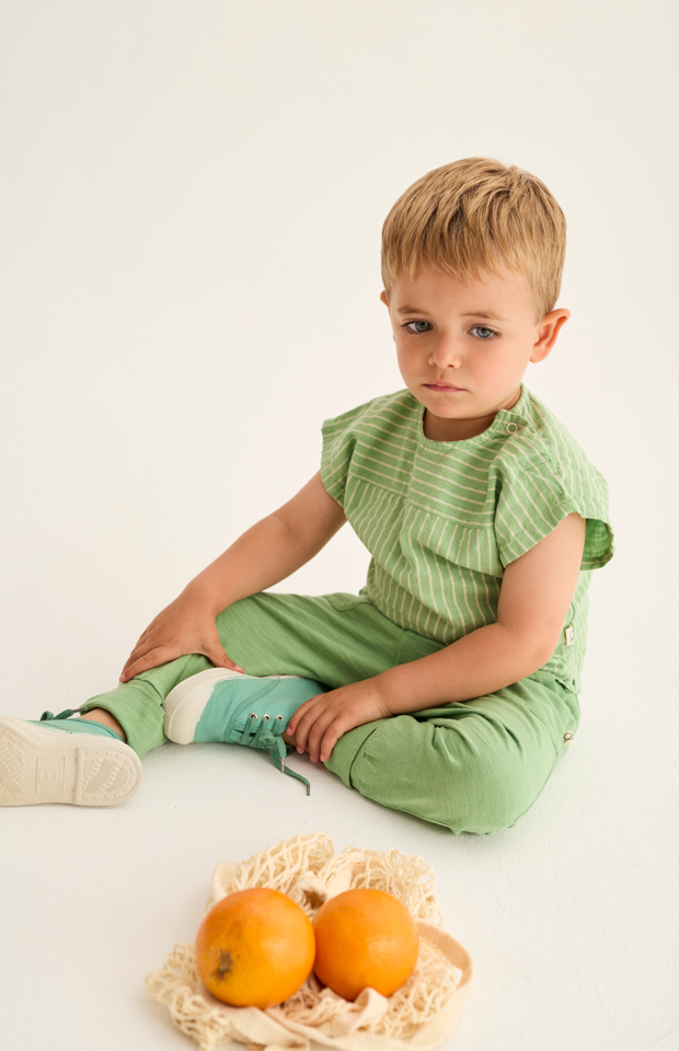 Striped Linen-Look Cotton Shirt (Green)