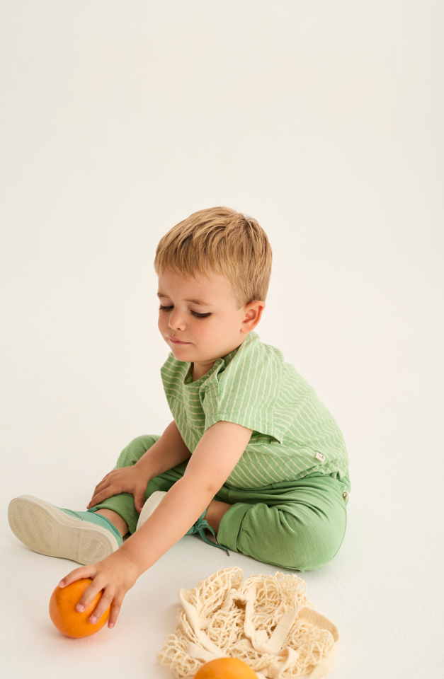 Striped Linen-Look Cotton Shirt (Green)