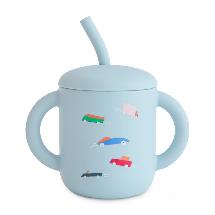 Silicone Training Cup + Straw (Retro Cars)