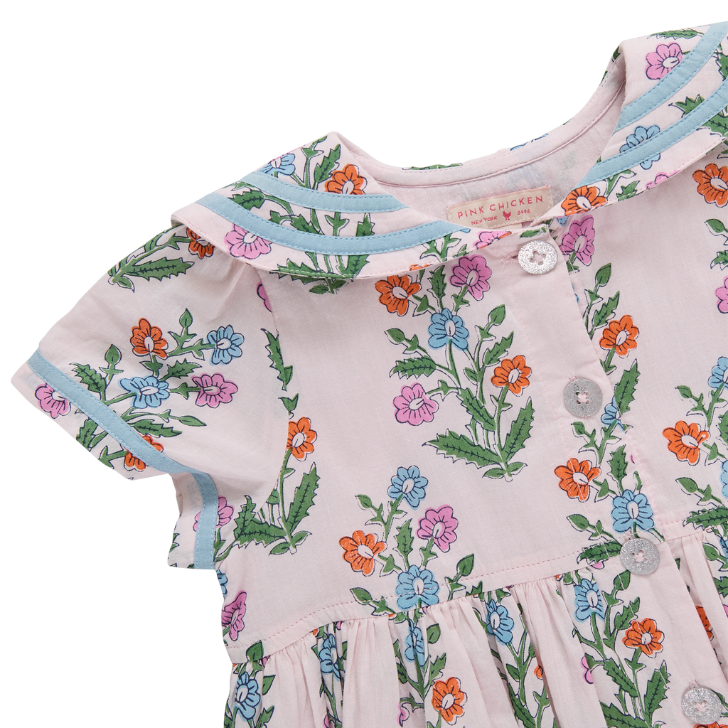 Girls Elowen Dress (Pink Dewdrop Block Print)