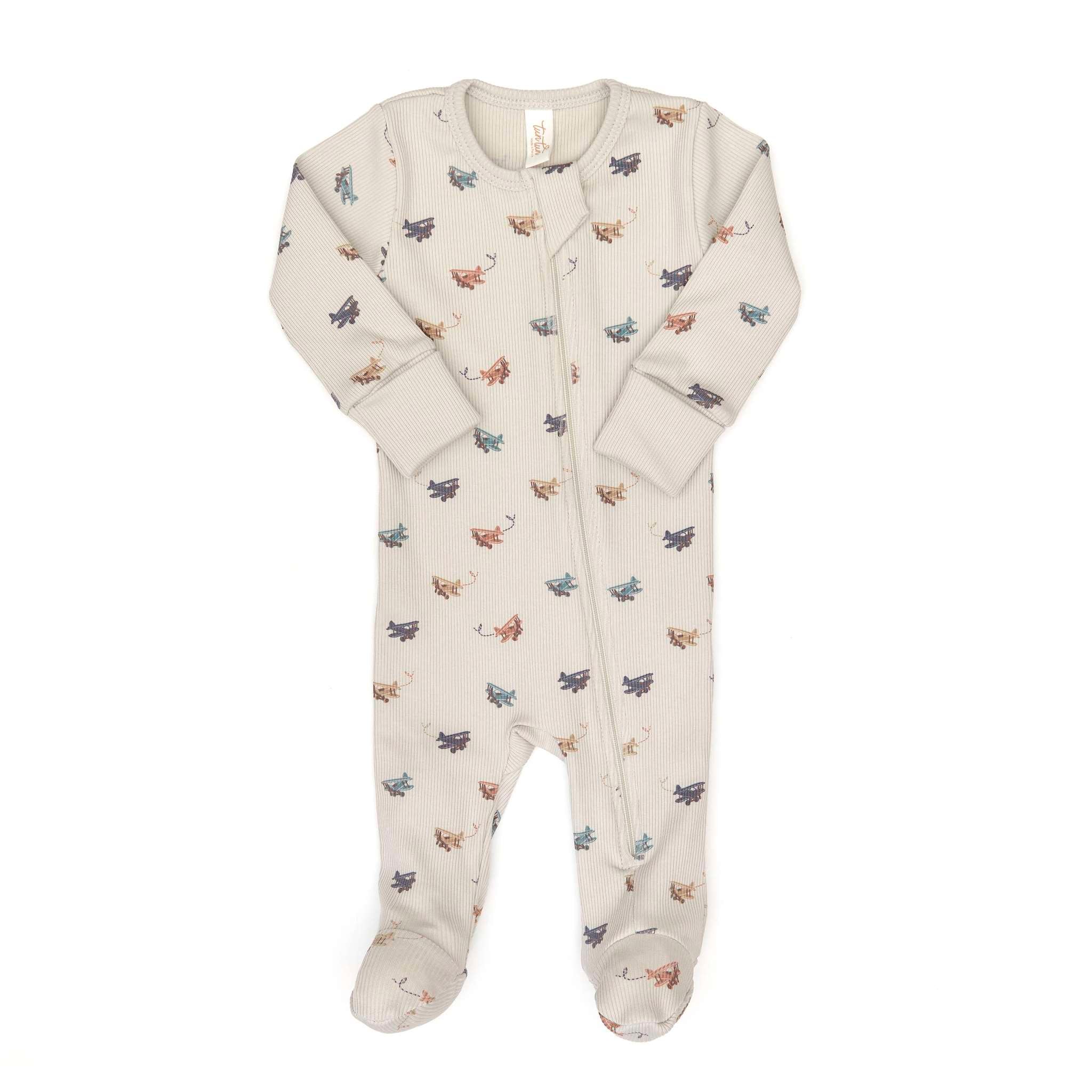 Doble Way Zip Ribbed Footie (Light Gray Airplanes)