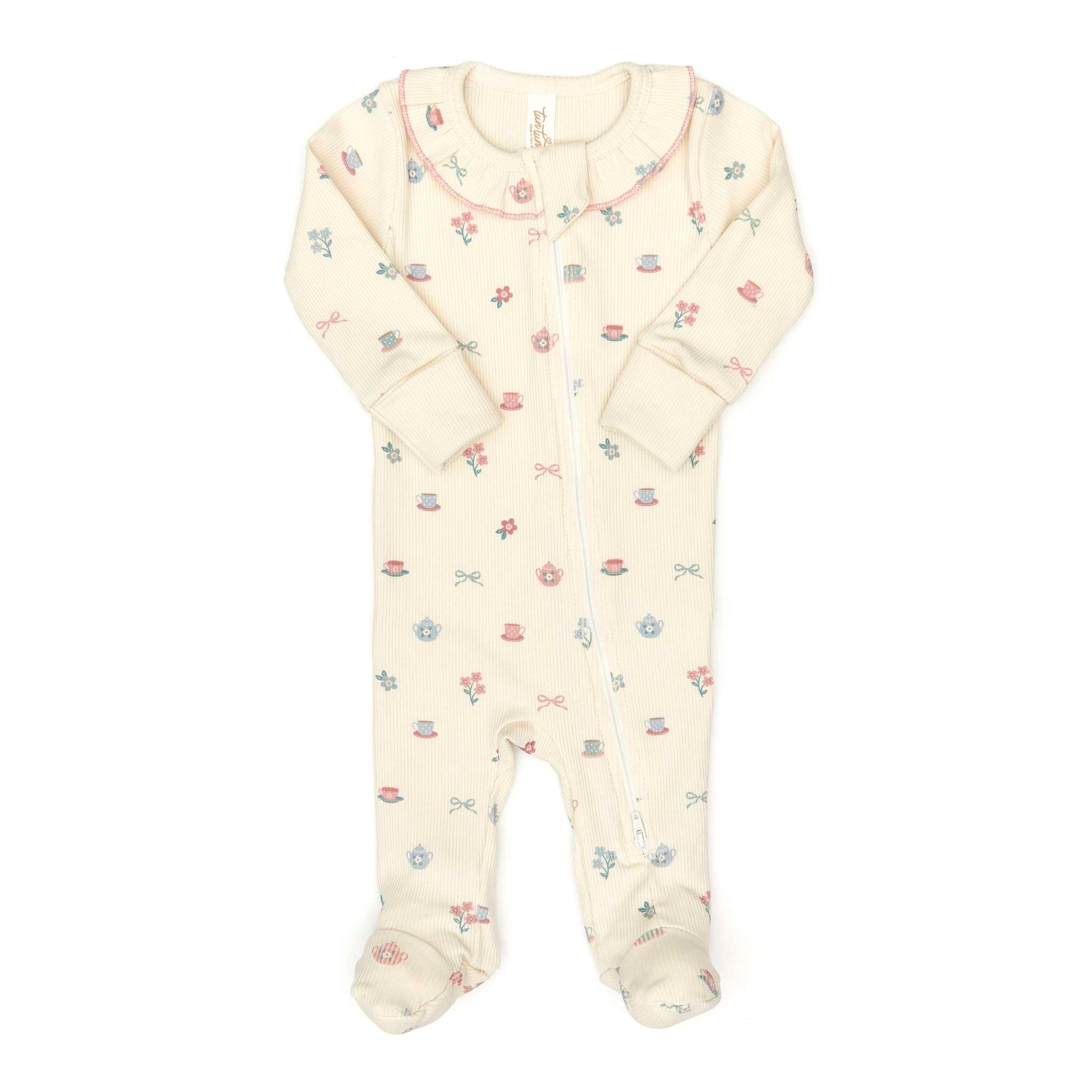 Ruffle Doble Way Zip Footie (White Swan Tea Cups)