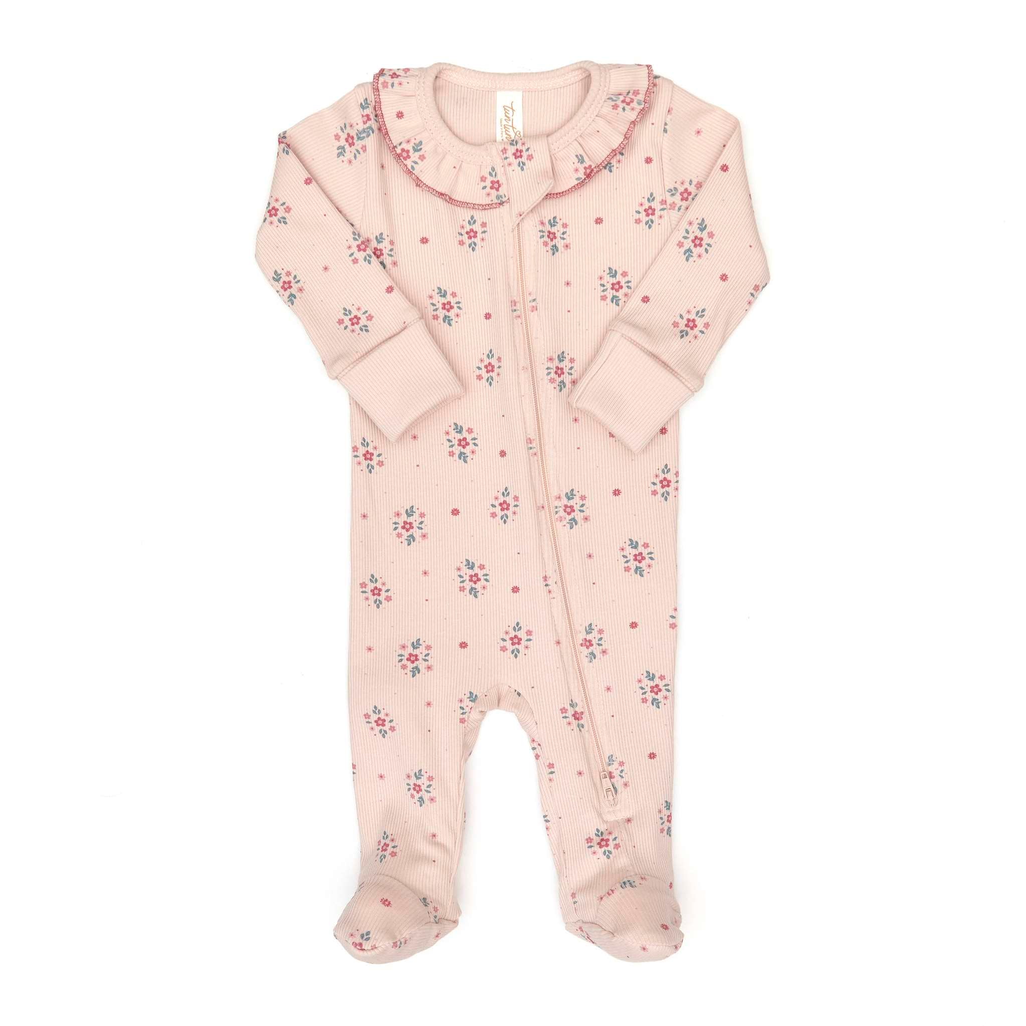 Ruffle Doble Way Zip Footie (Shell Pink Raspberry Flowers)