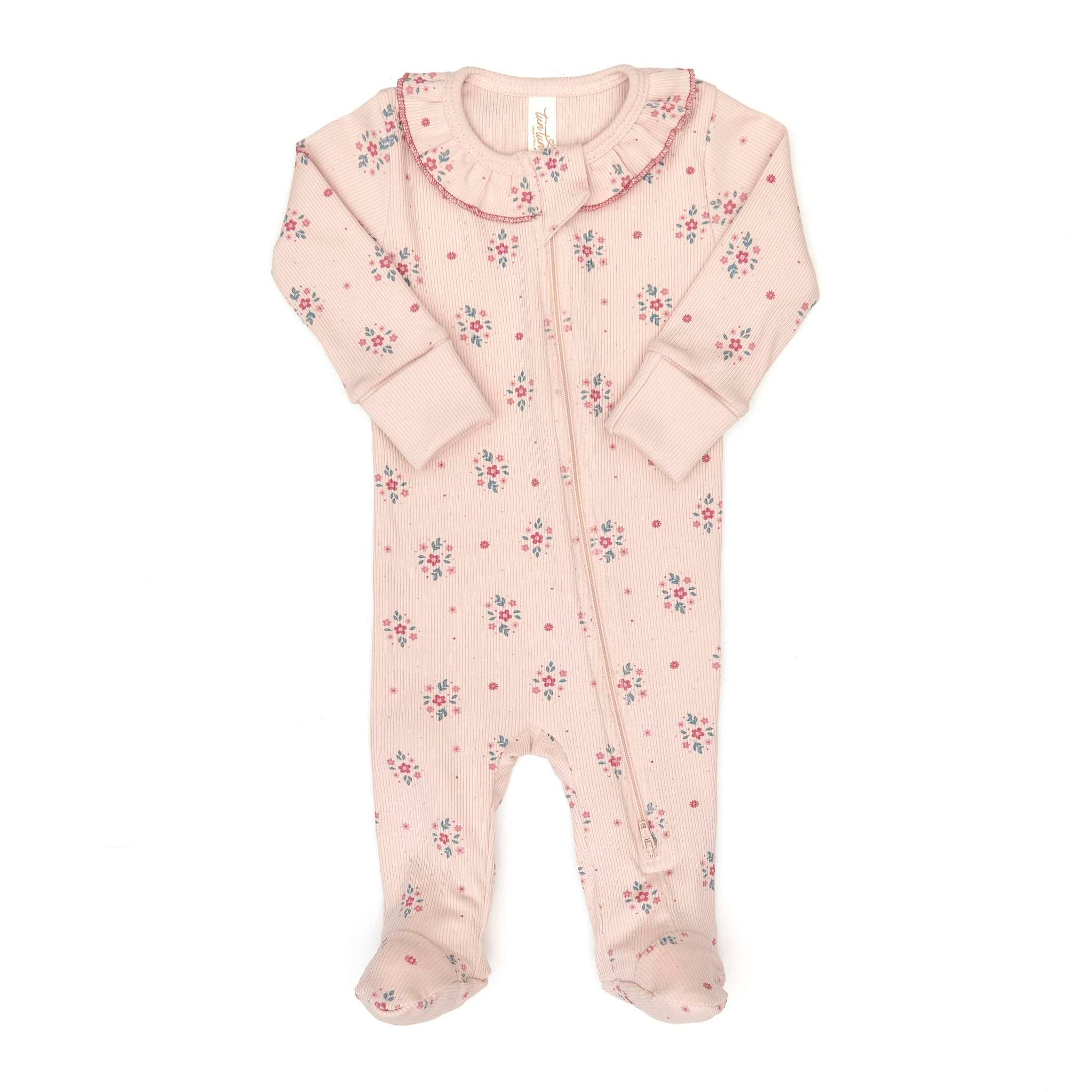 Ruffle Doble Way Zip Footie (Shell Pink Raspberry Flowers)