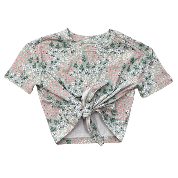 Girl’s Tie Front Shirt (Aqua Grey Floral)
