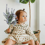 Ina Block Print Floral Linen Baby Dress & Bloomer Set (Mustard Floral)
